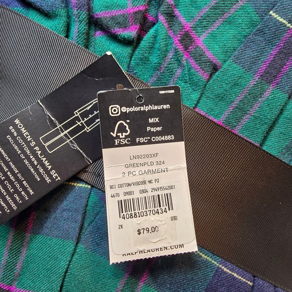 New Lauren Ralph Lauren Womens 2X Flannel Pajama Plaid Plus Green Tartan Winter - Picture 6 of 9
